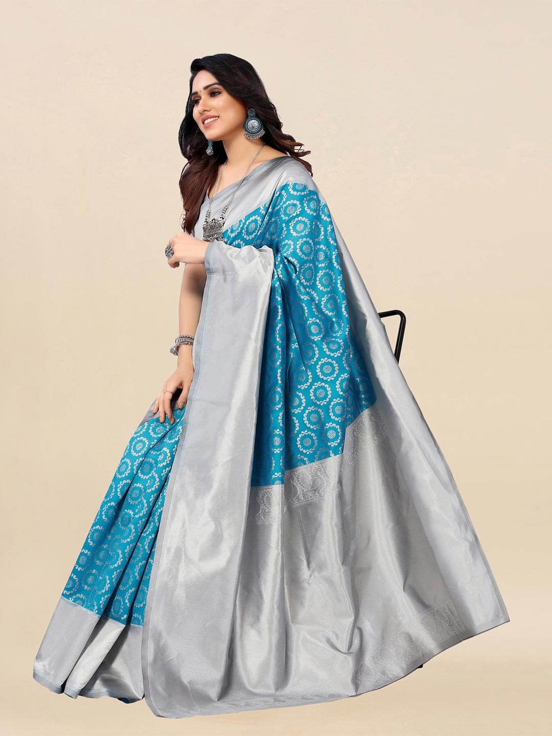 

Satrani Blue & Silver-Toned Woven Design Zari Banarasi Saree
