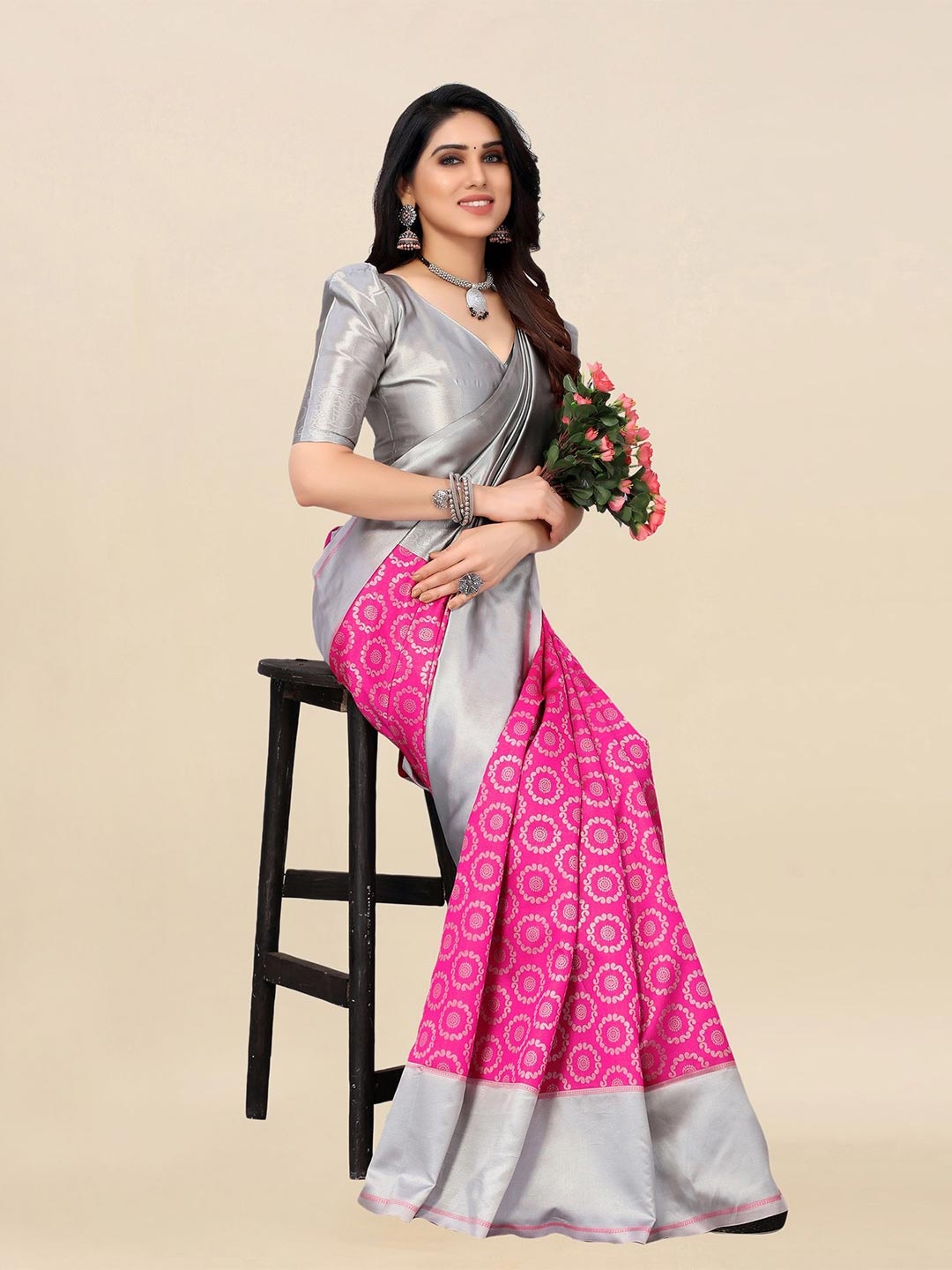 

Satrani Pink & Grey Woven Design Zari Banarasi Saree