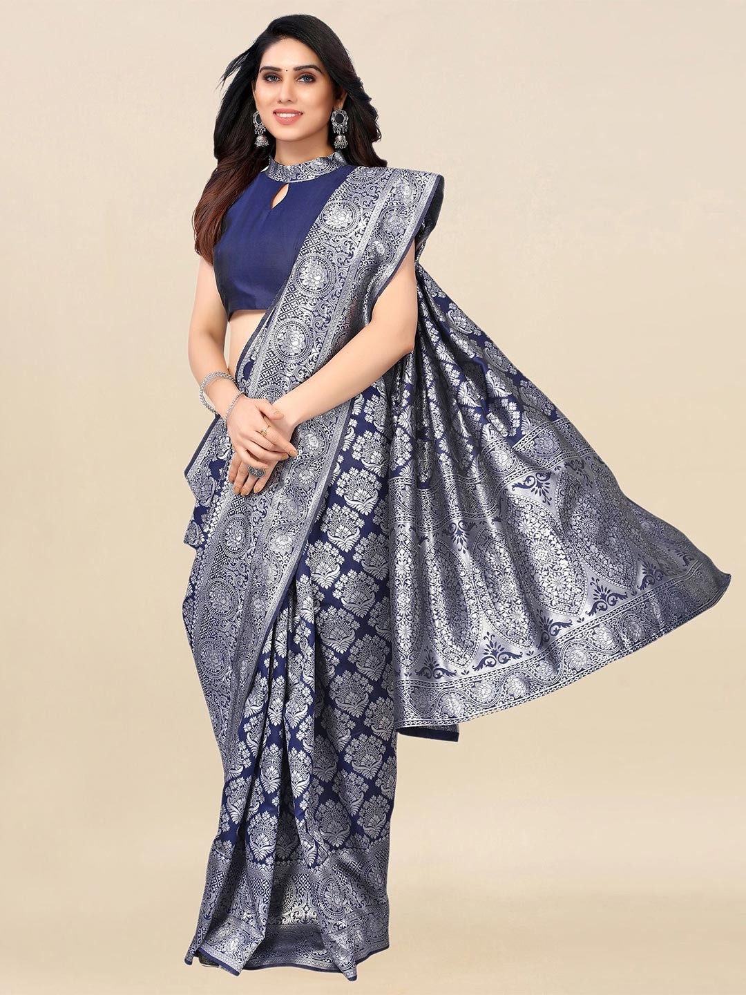 

Satrani Navy Blue & Silver-Toned Woven Design Zari Banarasi Saree