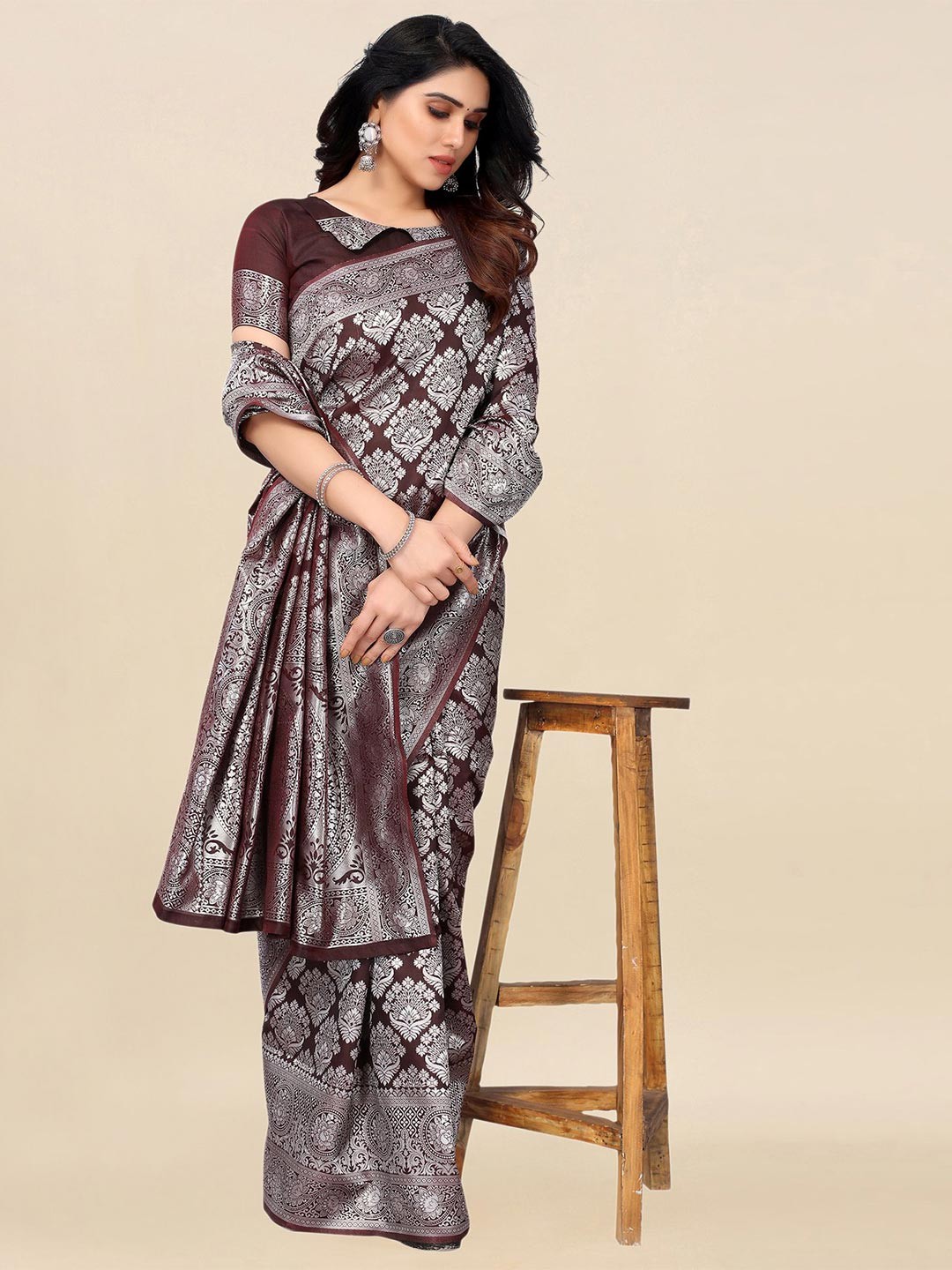 

Satrani Brown & Silver-Toned Woven Design Zari Banarasi Saree