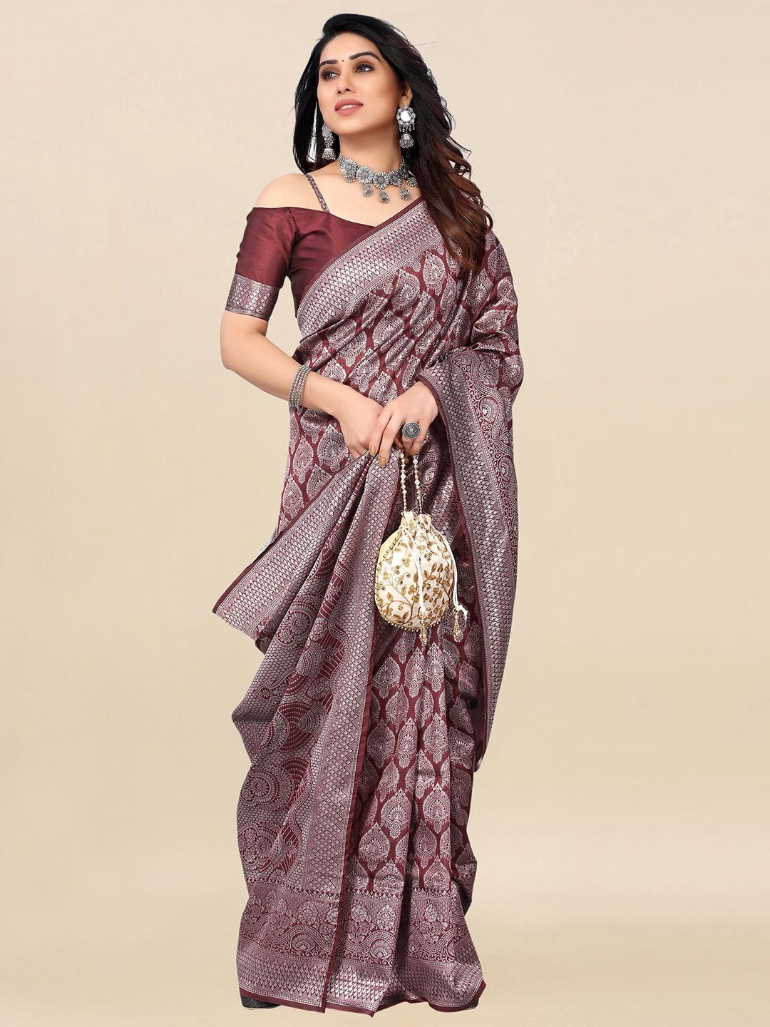 

Satrani Brown & Silver-Toned Woven Design Zari Banarasi Saree