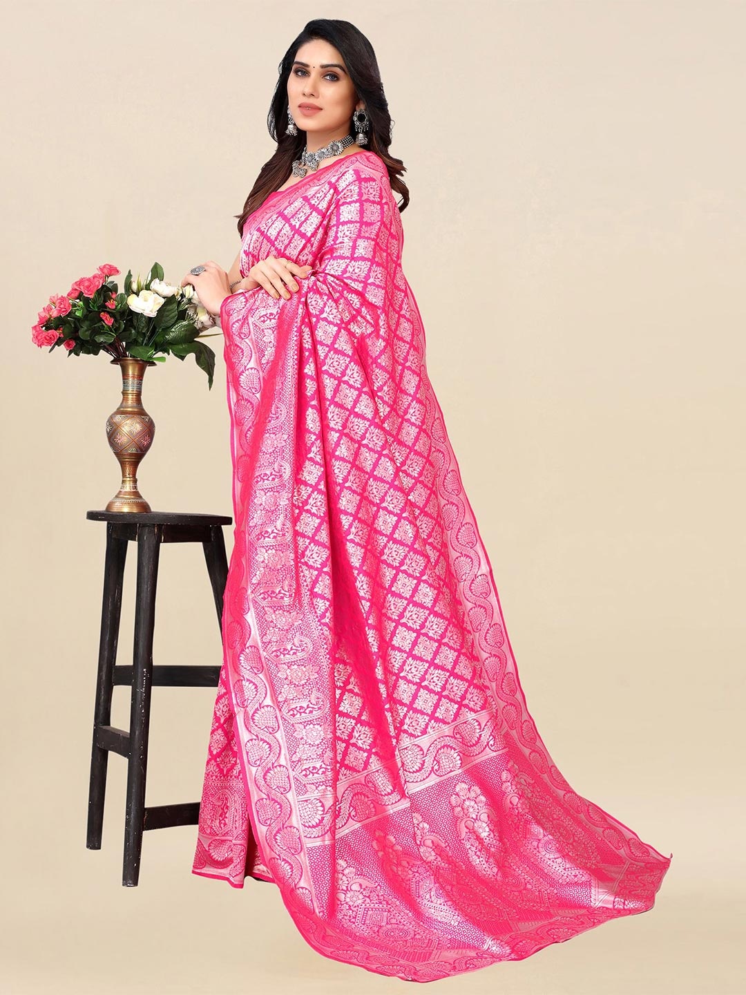 

Satrani Pink & Silver-Toned Woven Design Banarasi Saree
