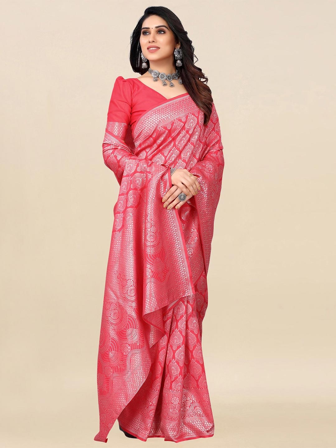 

Satrani Pink & Silver-Toned Woven Design Zari Banarasi Saree