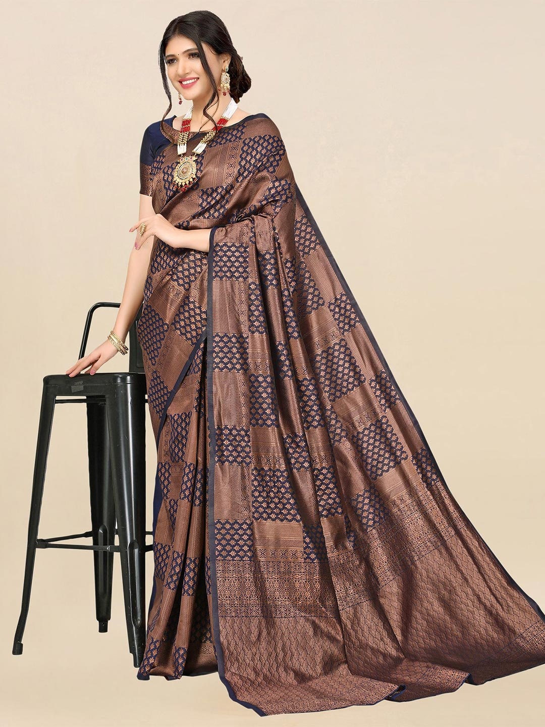 

Satrani Blue & Gold-Toned Woven Design Zari Banarasi Saree