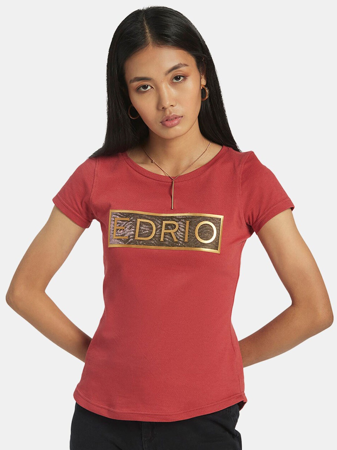 

EDRIO Women Rust Red Brand Logo Printed T-shirt