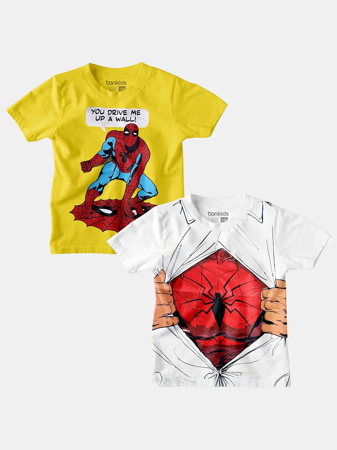 

BONKIDS Boys Yellow & White 2 Spider-Man Printed T-shirt