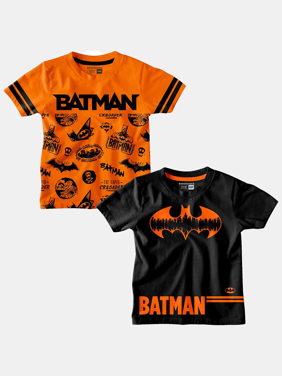 

BONKIDS Boys Black & Orange Set of 2 Batman Printed Applique T-shirt