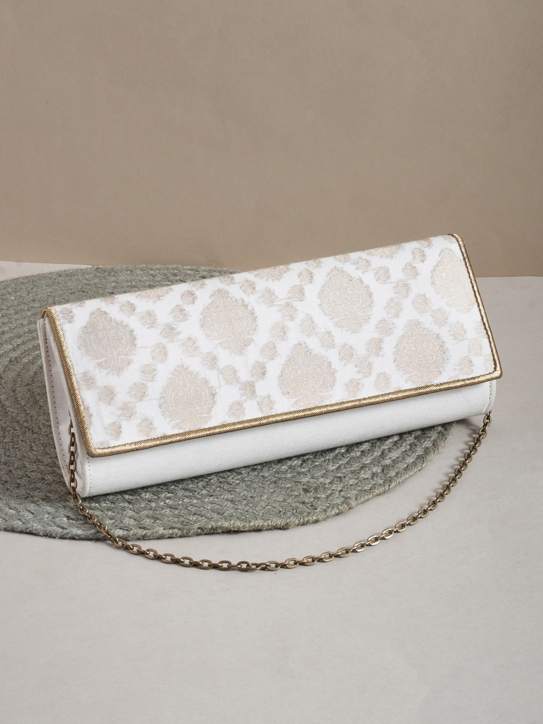 

Fabindia Women Off White & Gold-Toned Printed Box Clutch