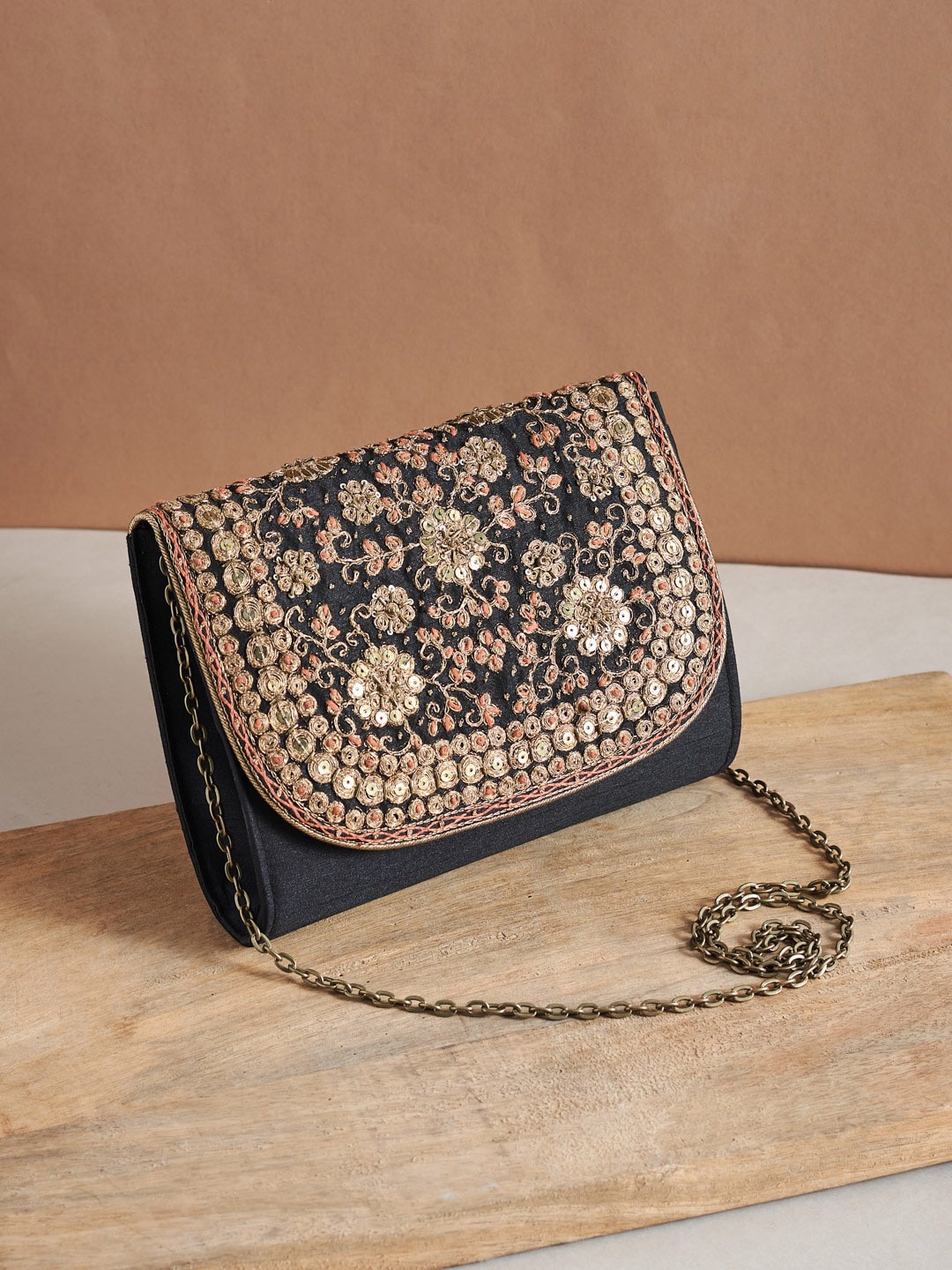 

Fabindia Black & Gold-Toned Embellished Envelope Clutch