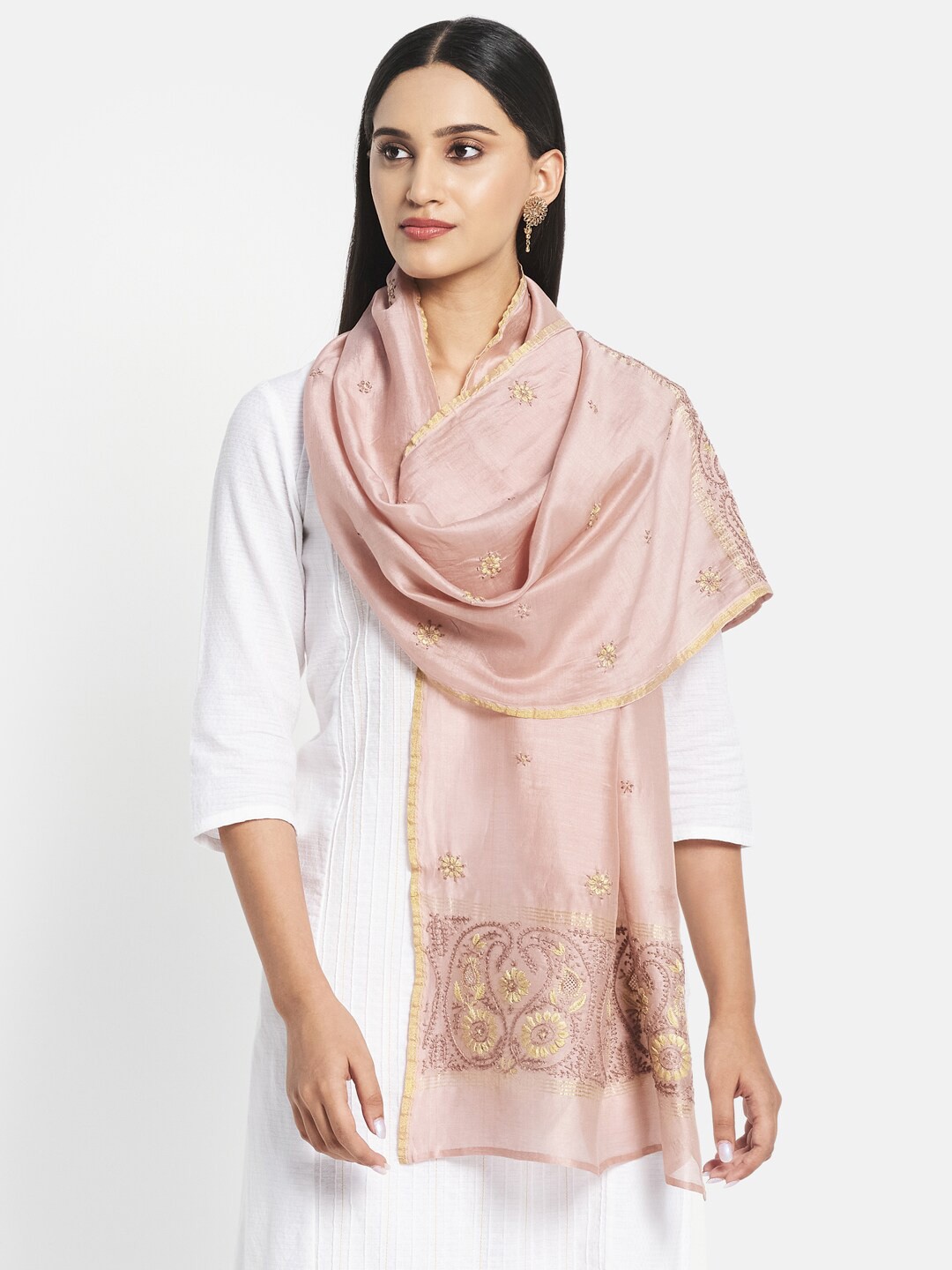 

Fabindia Women Pink & Gold-Toned Embroidered Stole