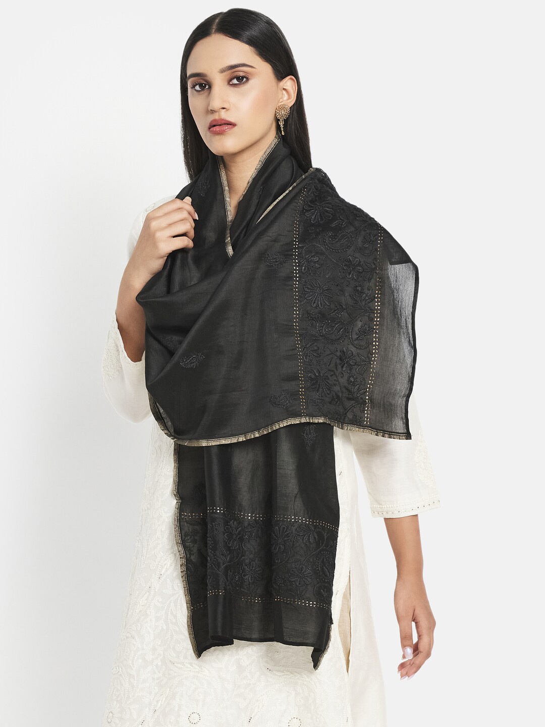 

Fabindia Women Black & Gold-Toned Embroidered Stole