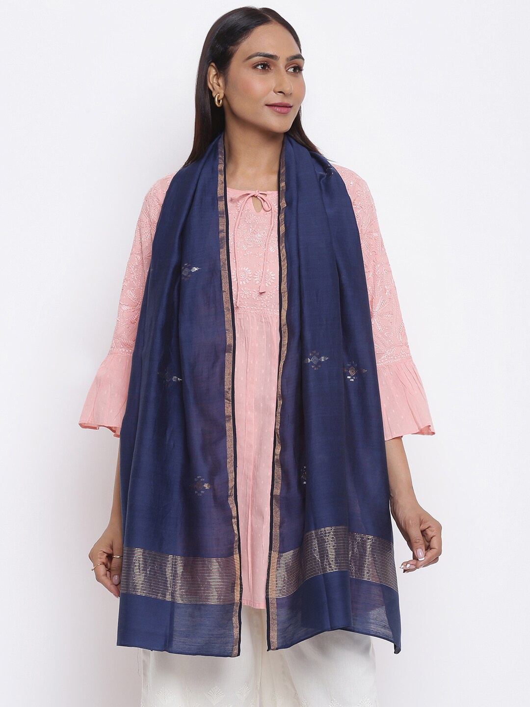 

Fabindia Women Blue & Gold-Toned Woven Design Silk Jamdani Stole