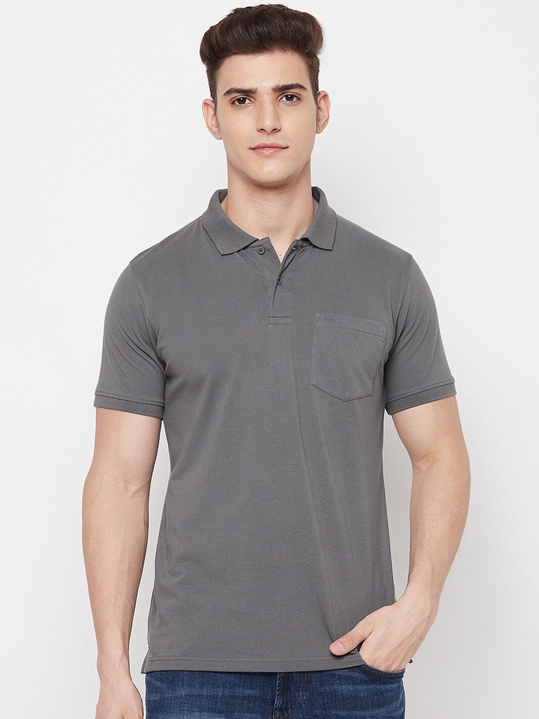 

Okane Men Grey Polo Collar T-shirt