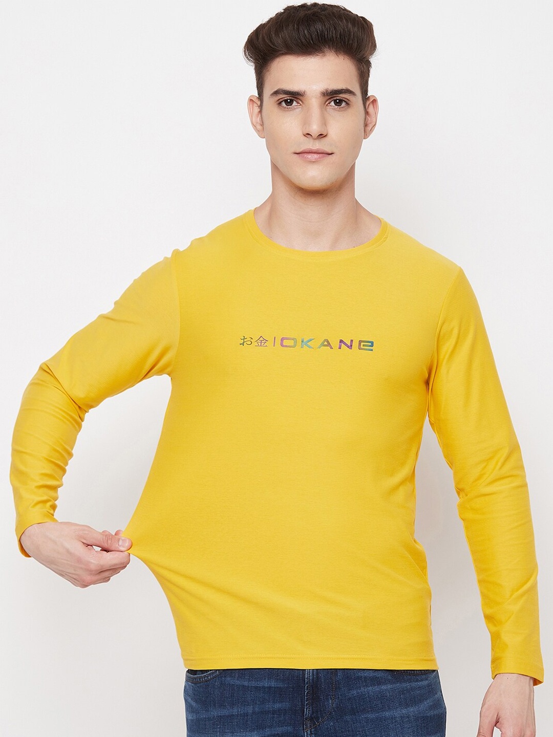 

Okane Men Yellow Typography Printed T-shirt
