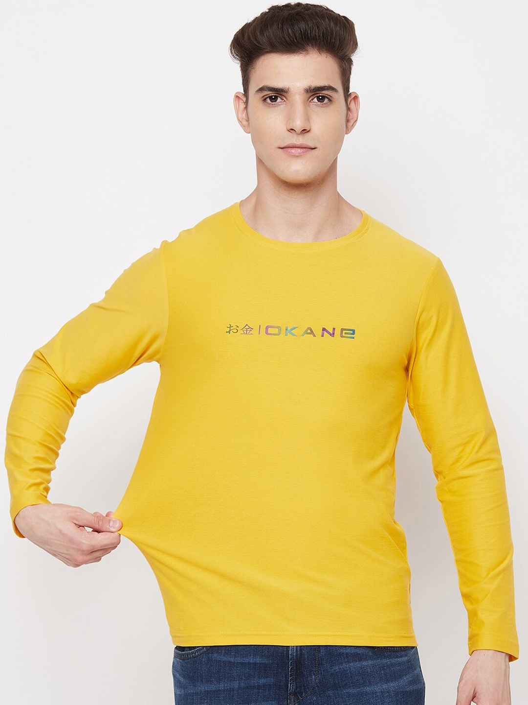 

Okane Men Yellow Typography Full Sleeves T-shirt