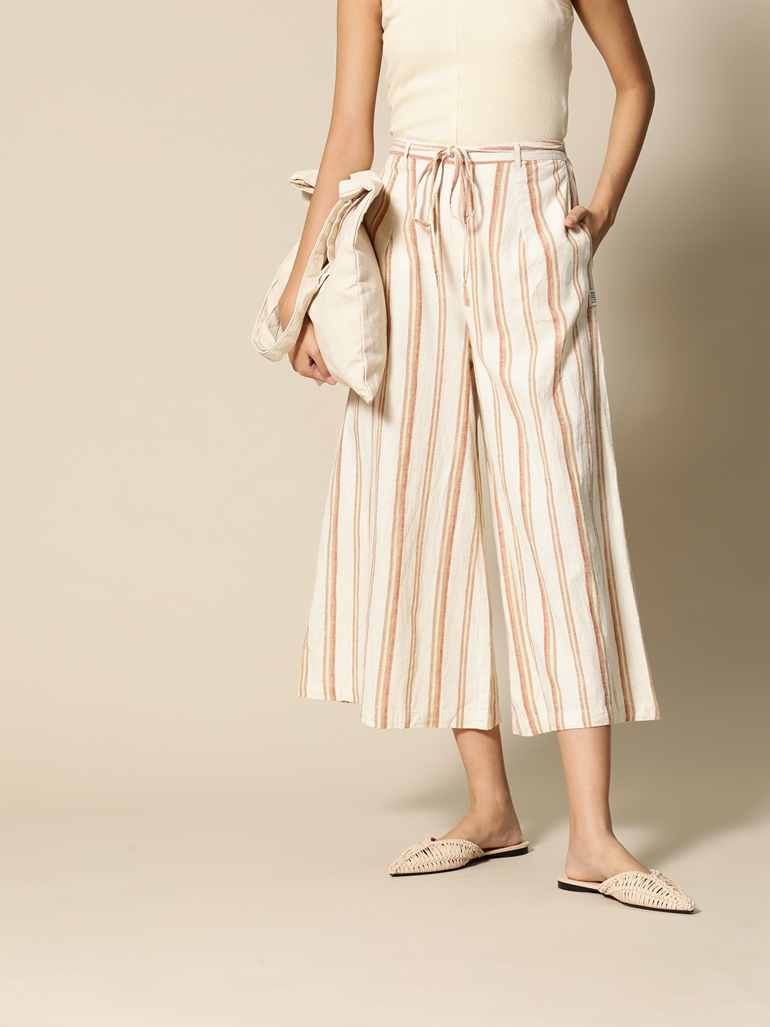 

BOWER Women Beige & Rust Brown Striped Linen Cotton Adjustable Mid-Rise Cropped Trousers