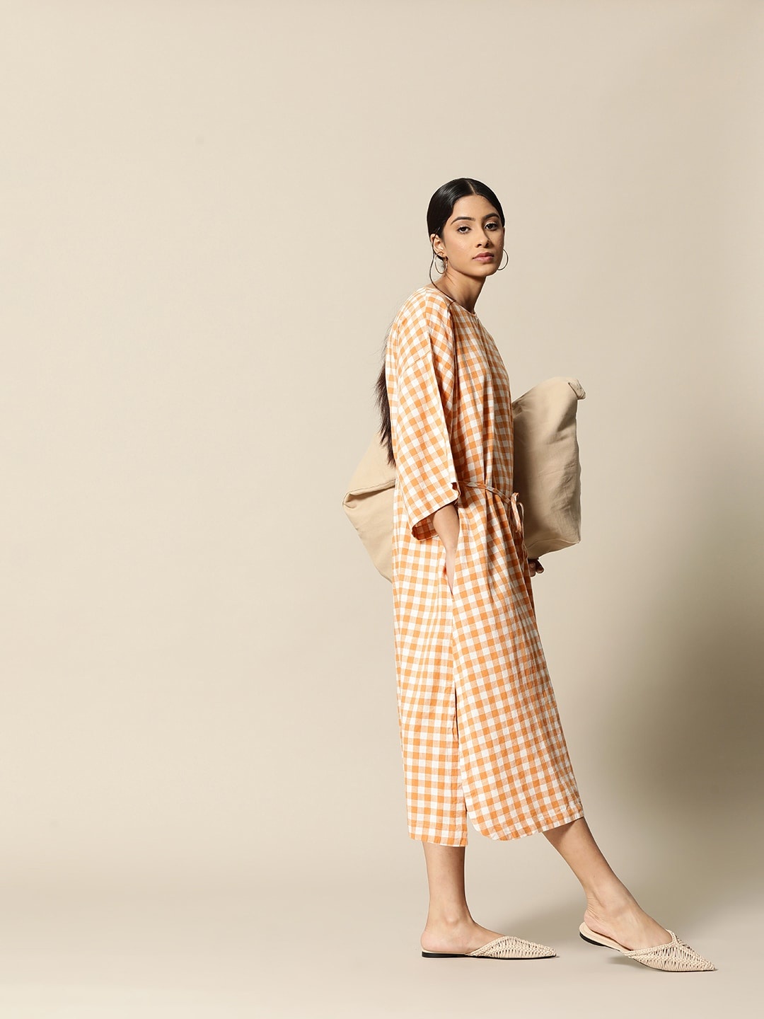 

BOWER White & Rust Orange Linen Adjustable A-Line Midi Dress, Off white