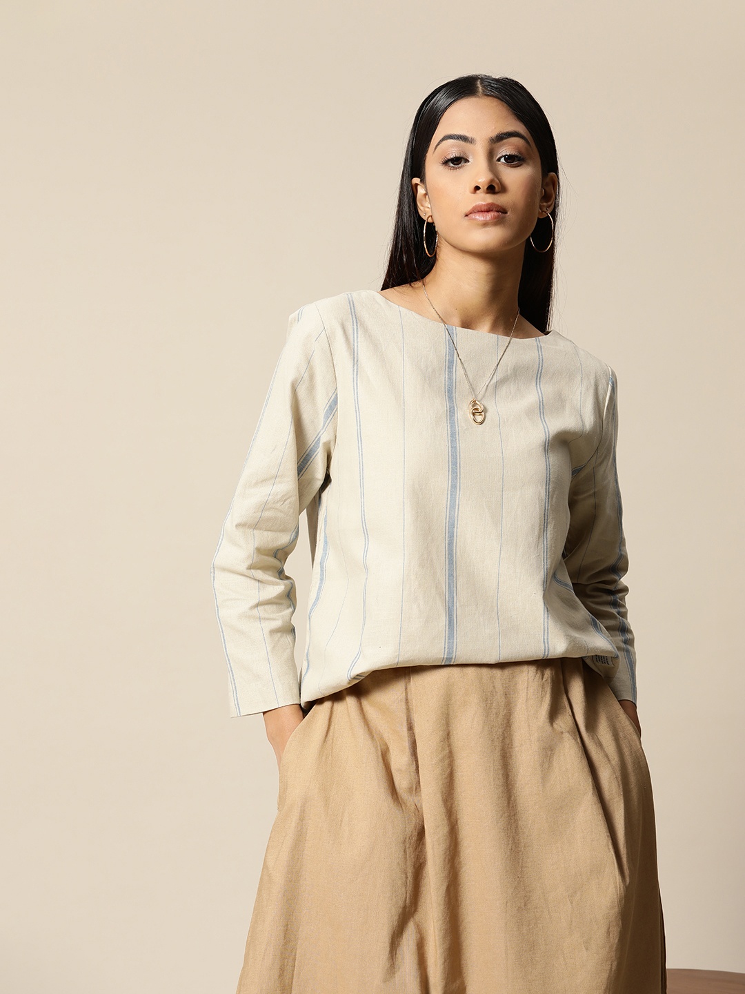 

BOWER Beige & Blue Striped Linen Cotton Top