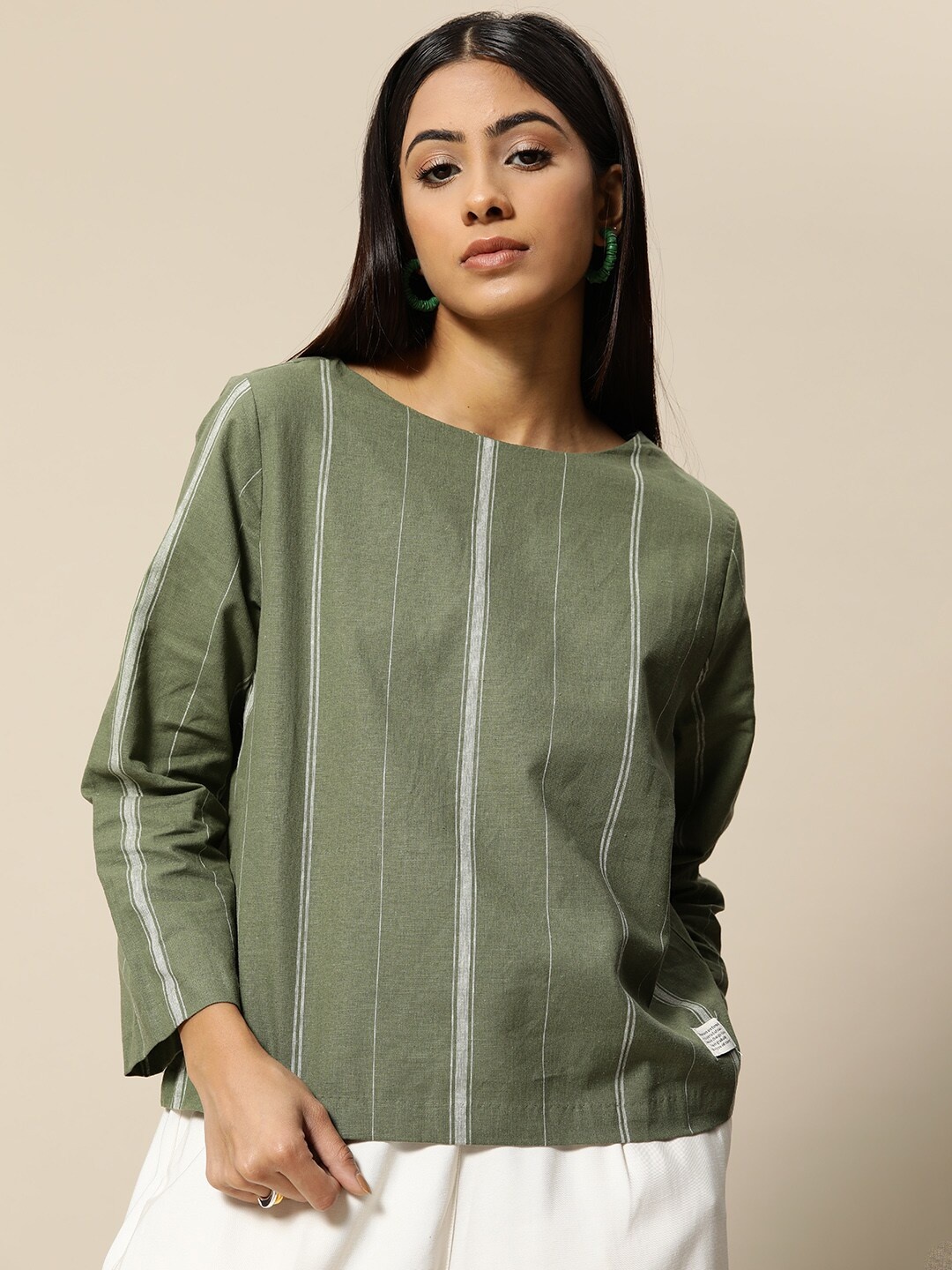 

BOWER Olive Green & White Striped Linen Cotton Top