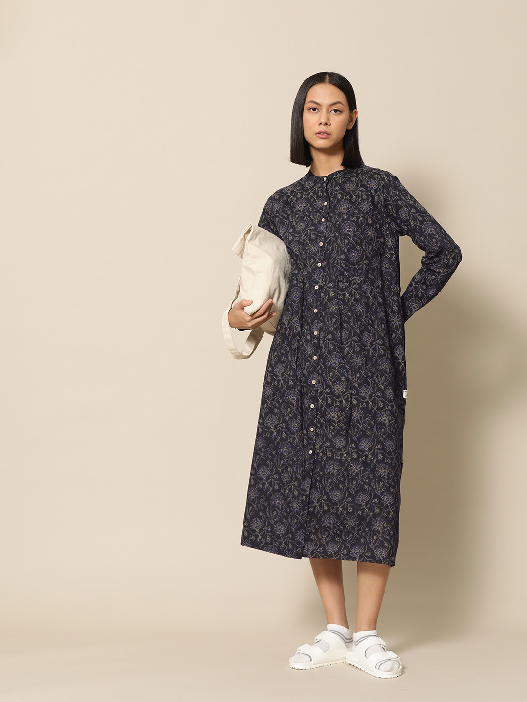 

BOWER Black & Navy Blue Ethnic Block Printed Cotton A-Line Midi Shirt Dress with Pockets