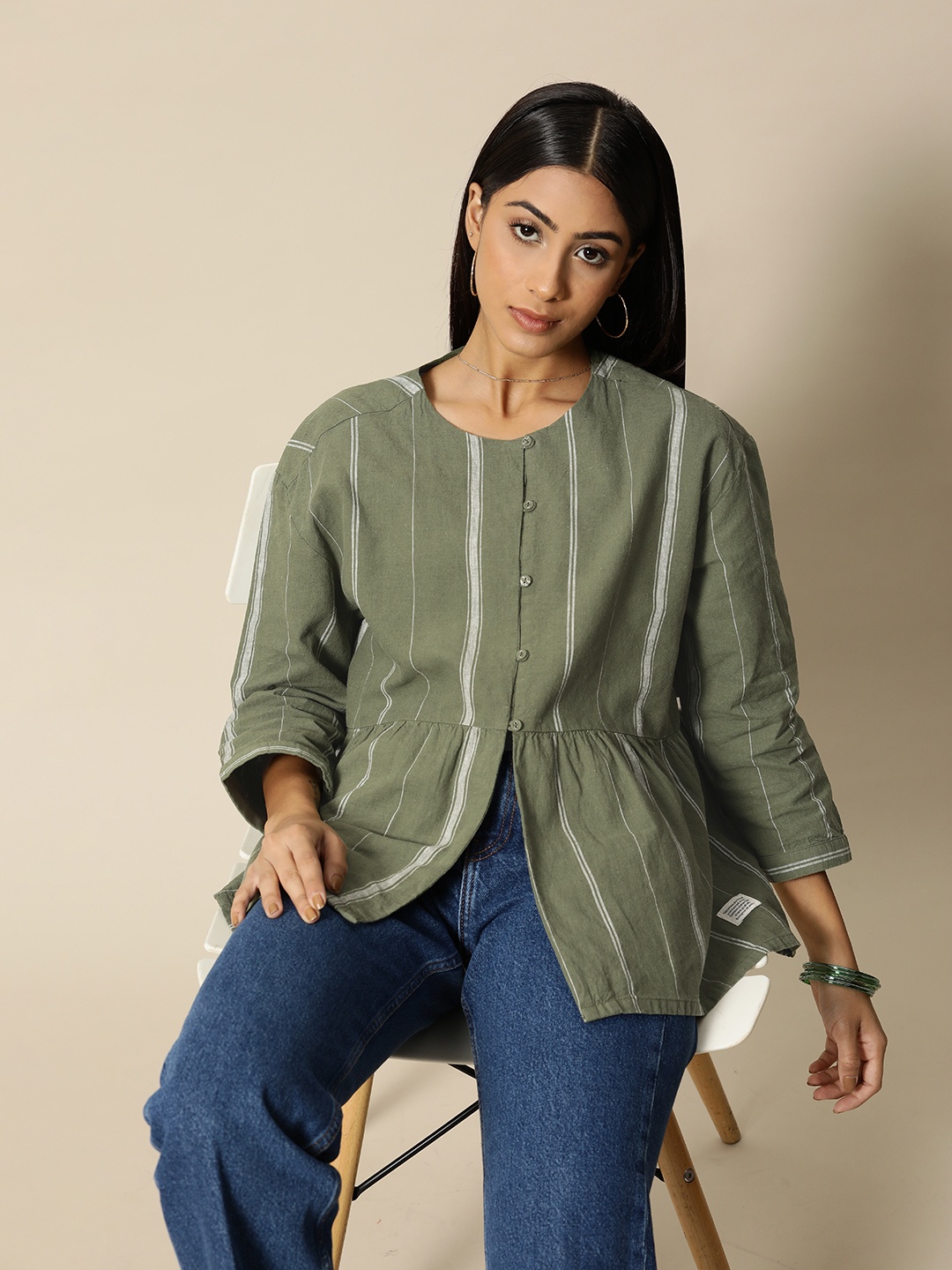 

BOWER Olive Green & White Linen Cotton Striped A-Line Top