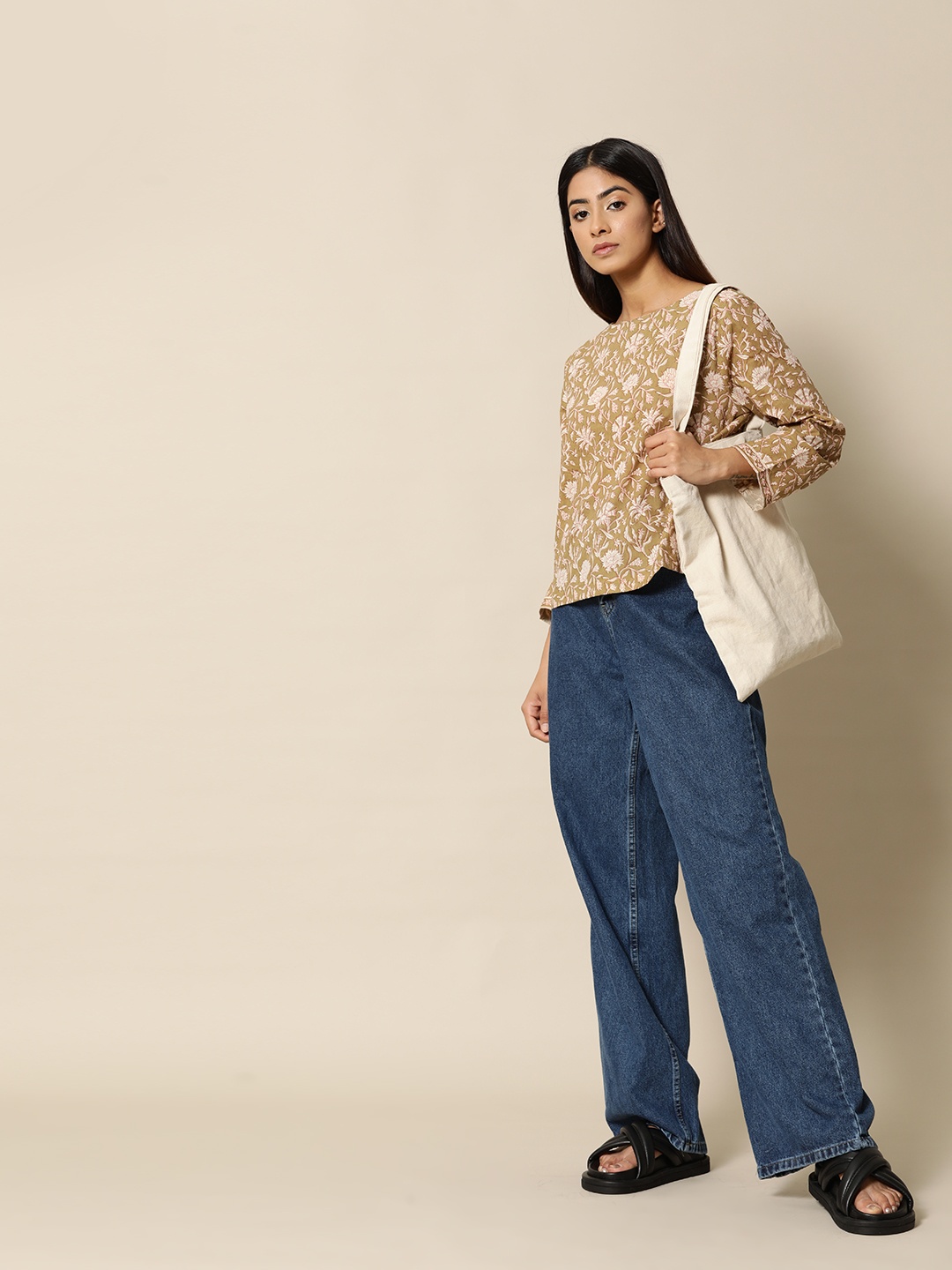 

BOWER Boat Neck Ethnic Print Cotton Balsam Top, Olive