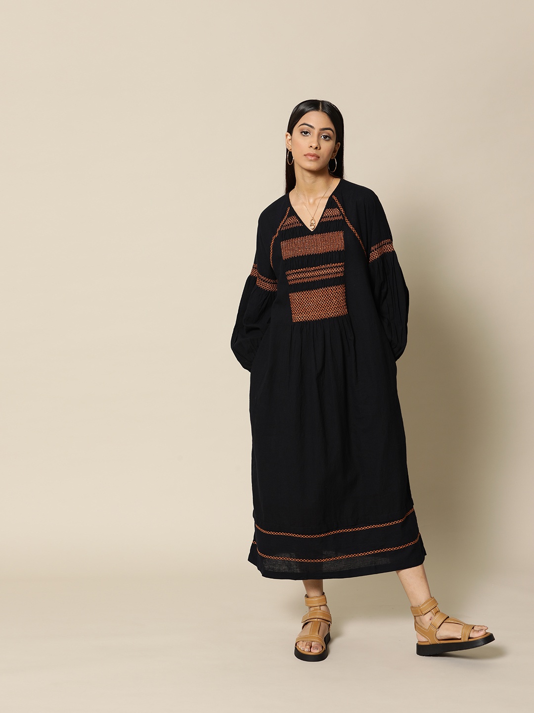

BOWER Black & Orange Premium Cotton Embroidered Pleated Maxi Dress