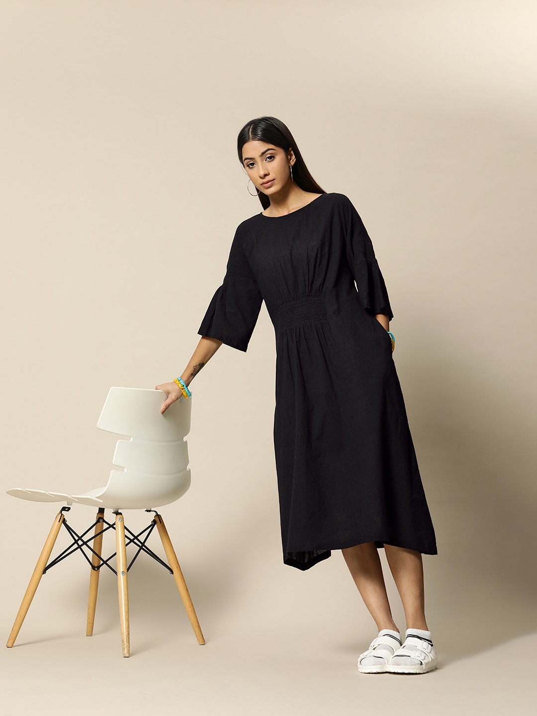 

BOWER Black Premium Cotton Smocked Relaxed Dress