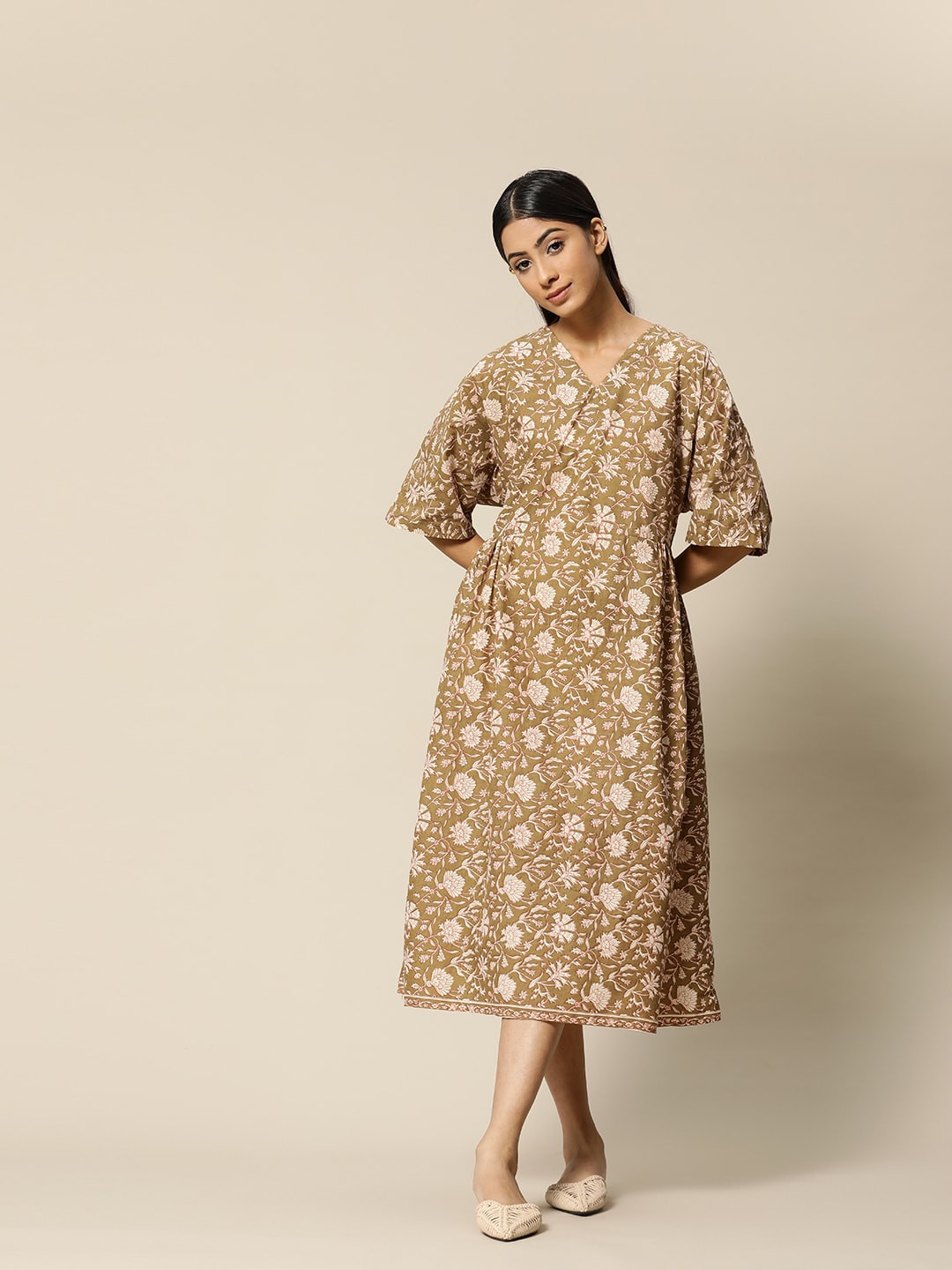 

BOWER Brown & Off-White Ethnic Block Printed Cotton Midi Dress, Bronze