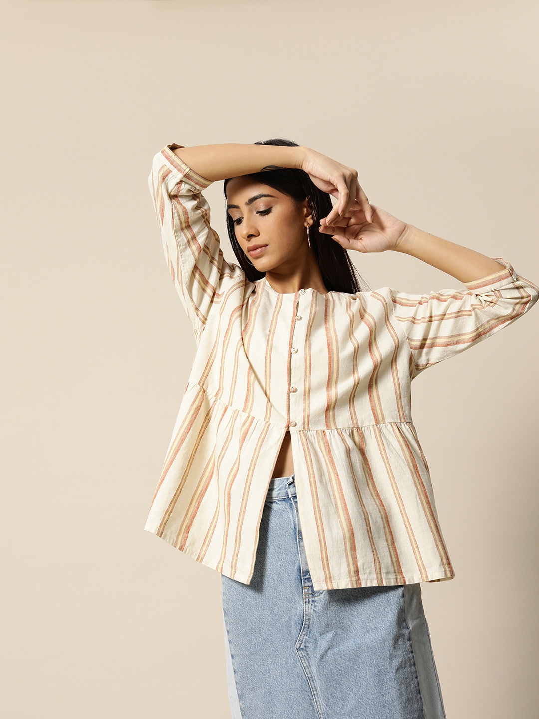 

BOWER Beige & Rust Brown Linen Cotton Striped A-Line Top