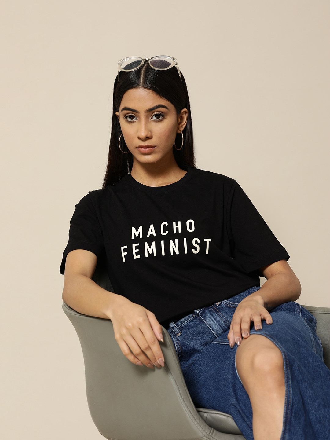 

BOWER Women Black Macho Feminist Cotton printed T-Shirt