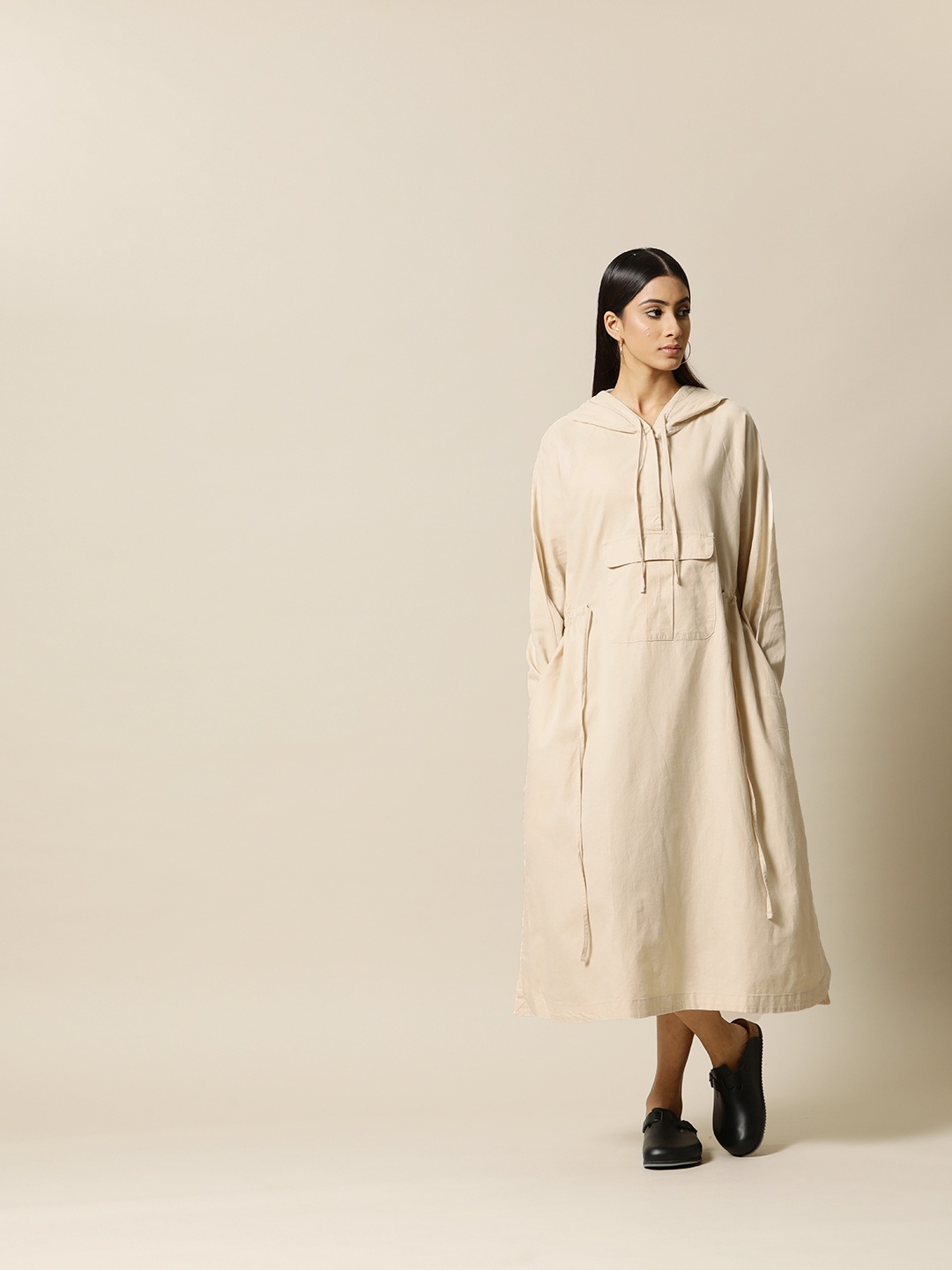 

BOWER Beige Solid Cotton Linen Midi Anorak Dress with Adjustable waist