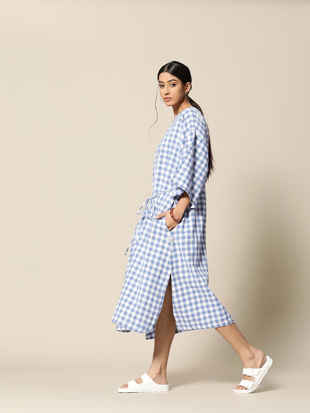 

BOWER White & Blue Checked Linen Adjustable A-Line Midi Dress