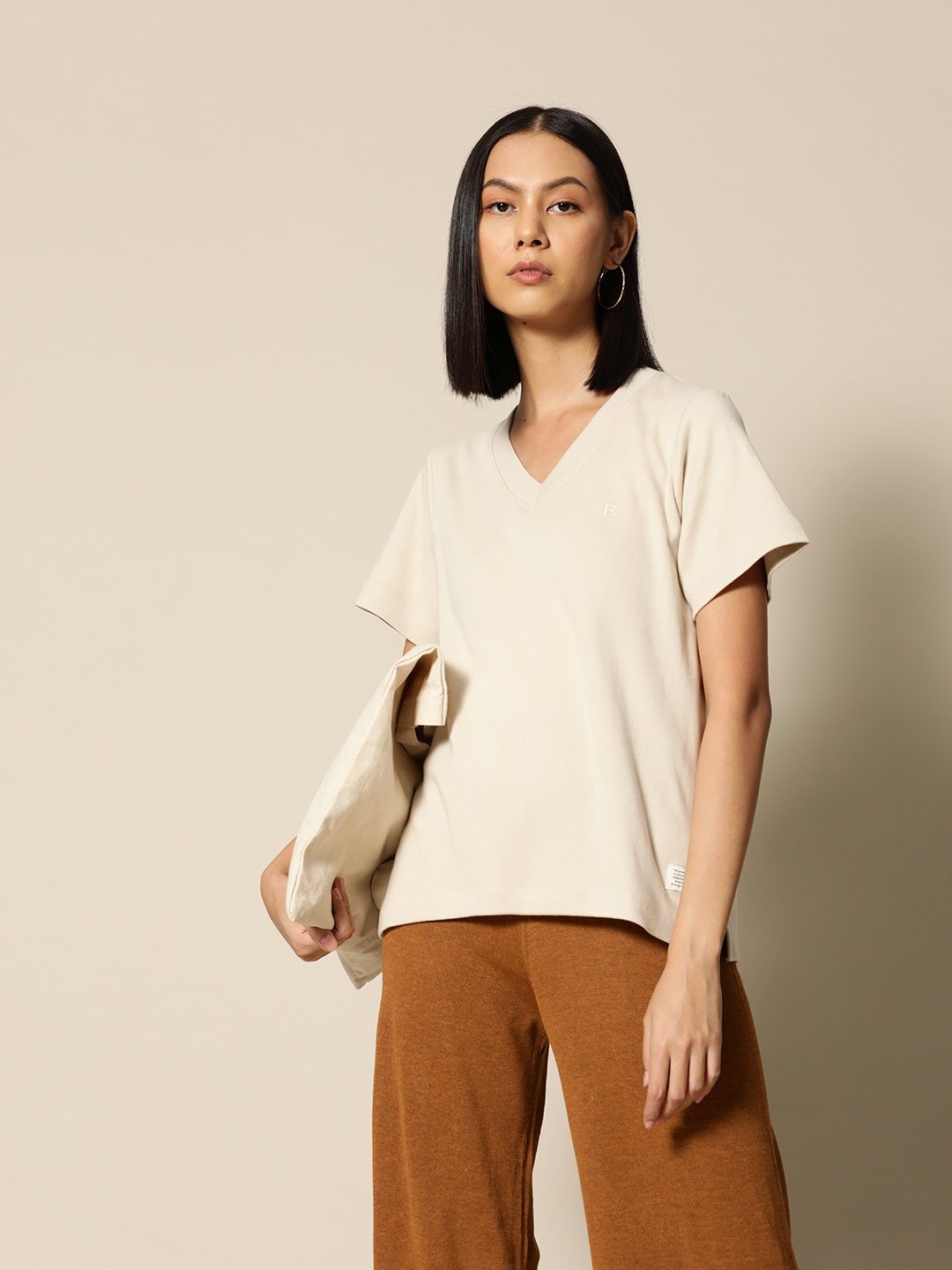 BOWER Women Beige V-Neck Pure Cotton T-shirt