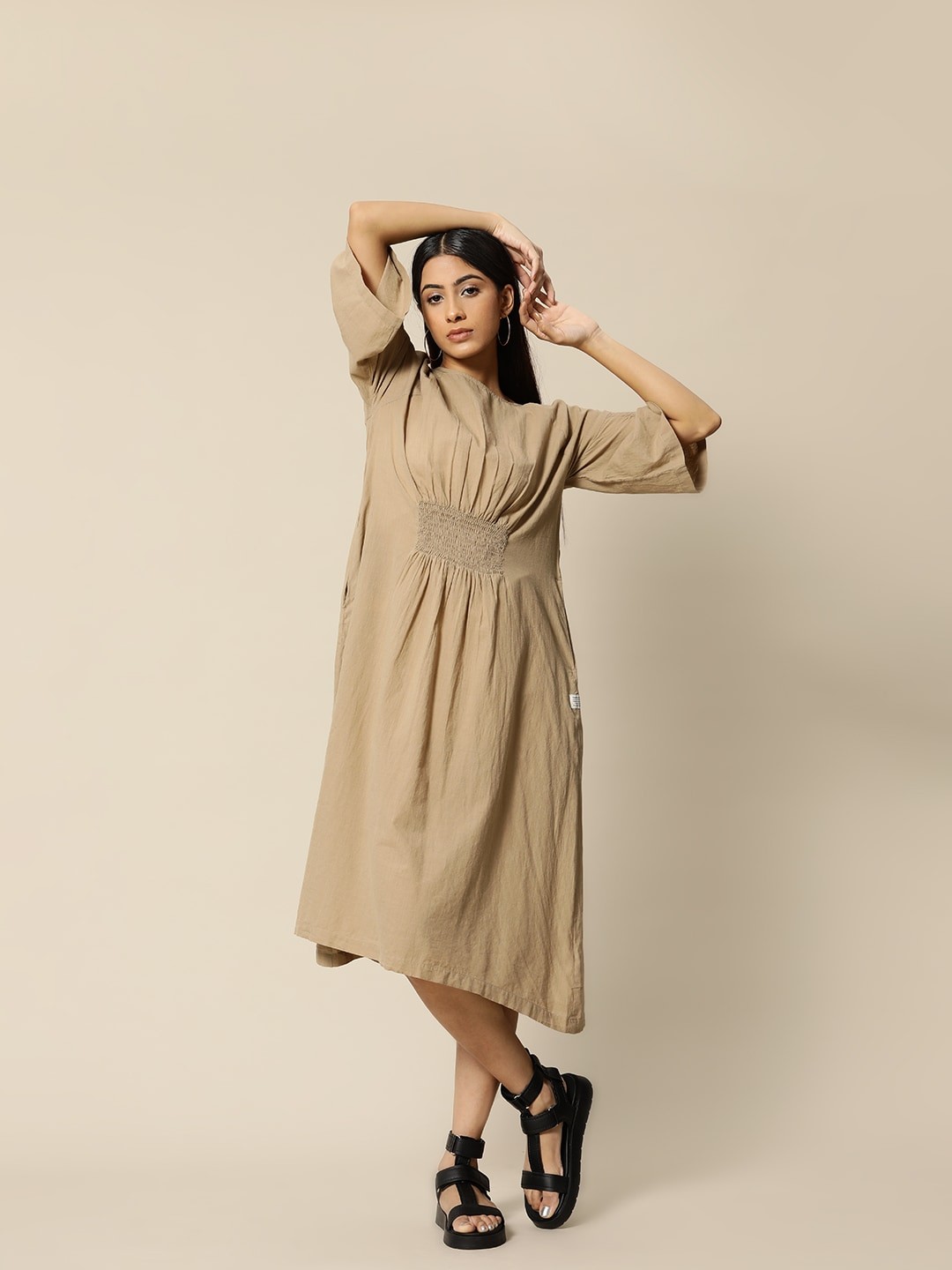 

BOWER Khaki Premium Cotton Smocked Relaxed Dress