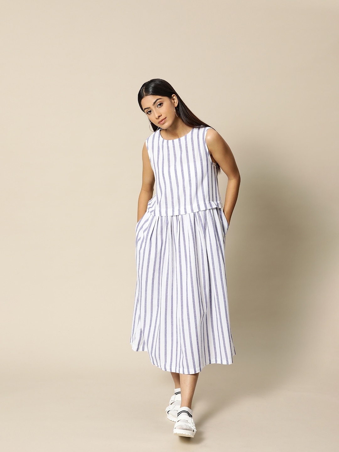 

BOWER Blue & White Pure Cotton Striped A-Line Midi Dress