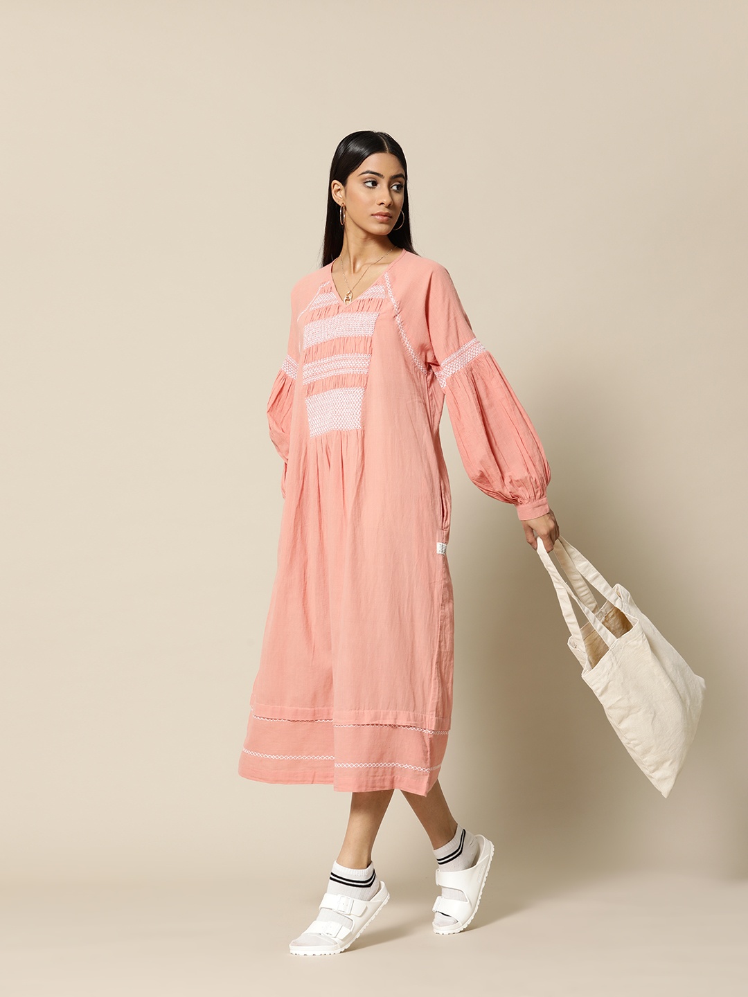 

BOWER Pink & Off White Premium Cotton Embroidered Pleated Maxi Dress