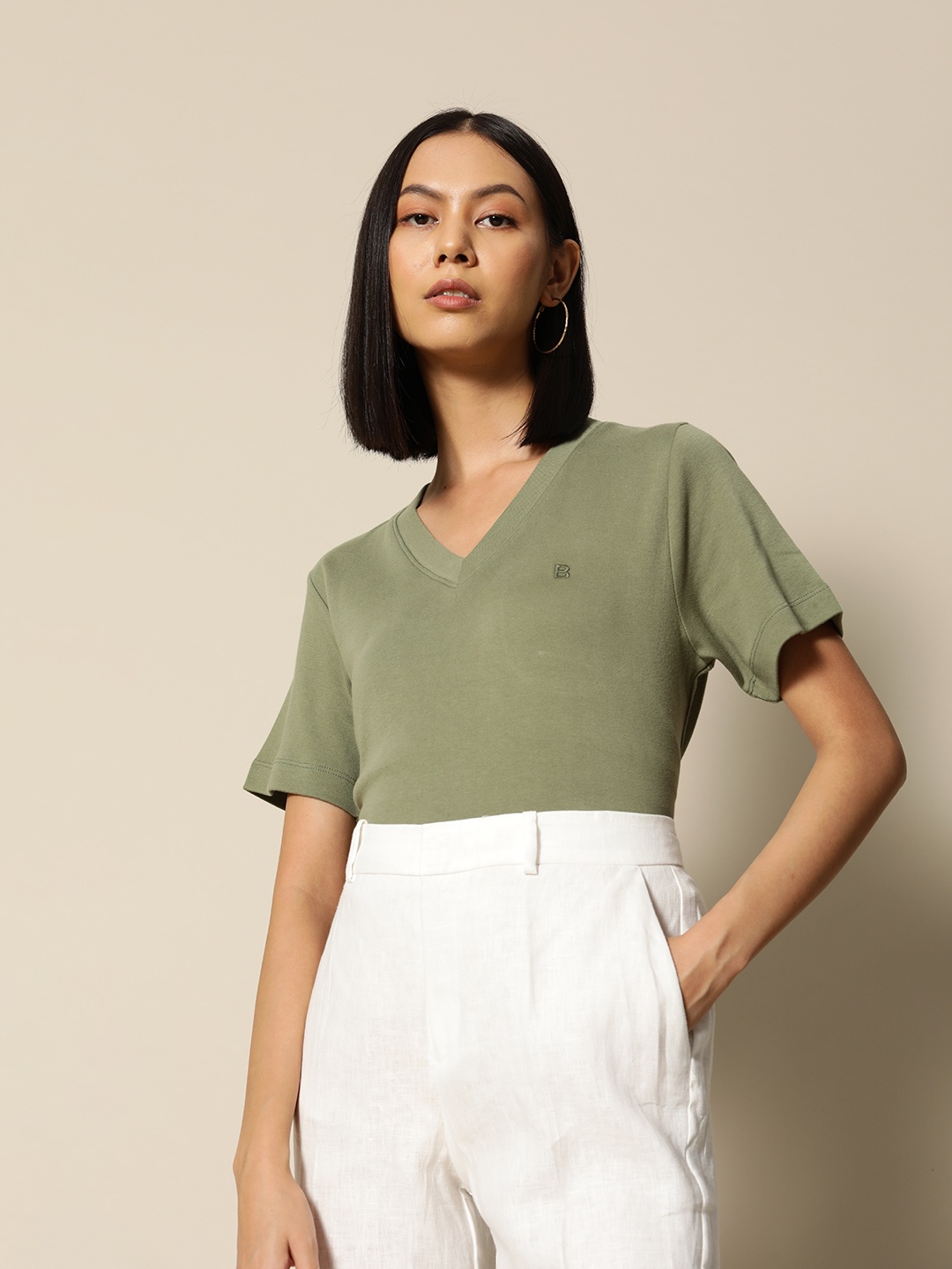 

BOWER Women Olive Green V-Neck Pure Cotton T-shirt