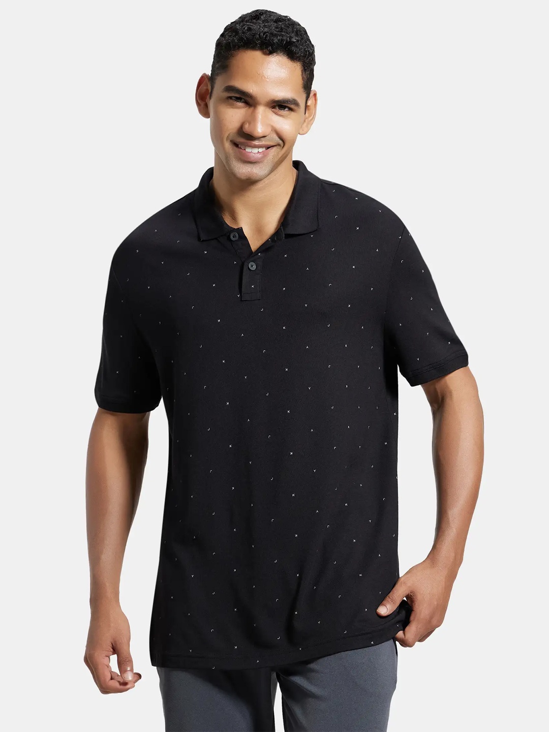 

Jockey Tencel Micro Modal and Cotton Blend Printed Half Sleeve Polo Tshirt-IM16, Black