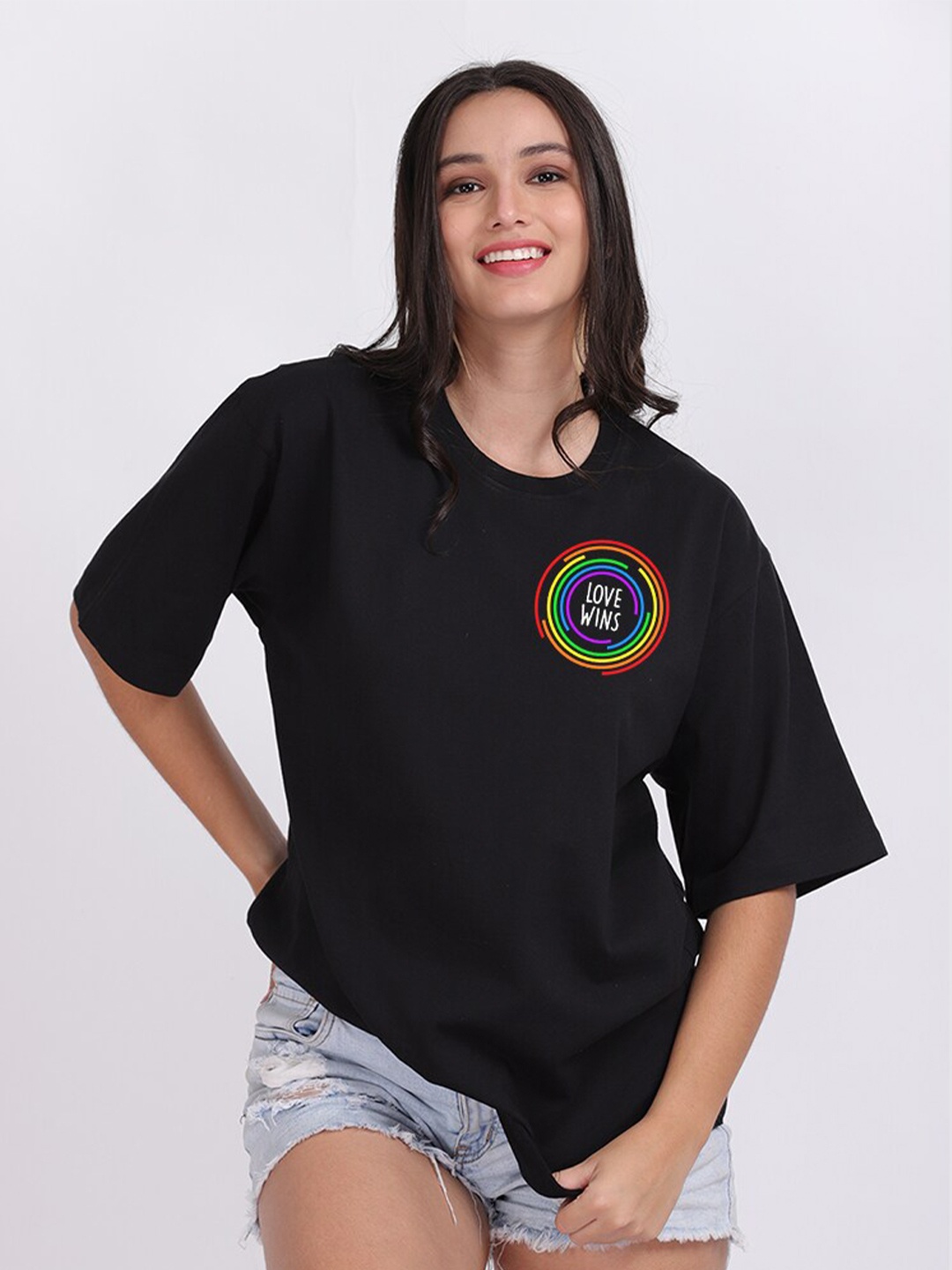 

Mad Over Print Women Black Love Wins Typography Print Oversized T-shirt