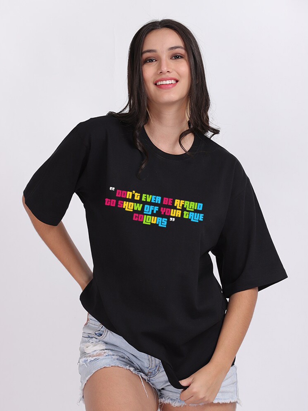 

Mad Over Print Women Black Don't Be Afraid Typography Print Oversized T-shirt