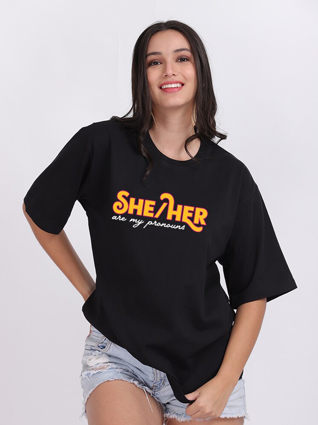

Mad Over Print Women Black Typography Printed Oversized Cotton T-shirt