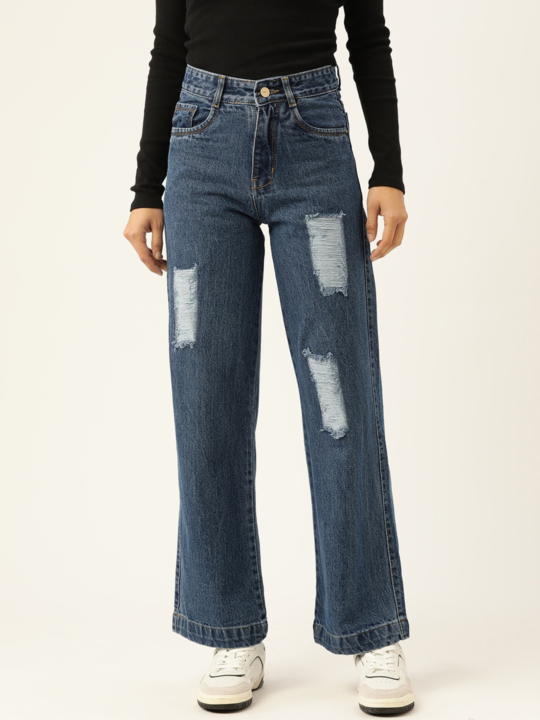 

BROOWL Women Navy Blue Wide Leg High-Rise Mildly Distressed Light Fade Stretchable Jeans