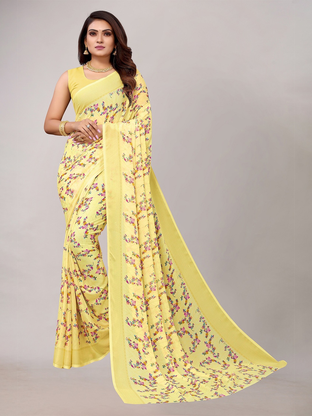 

Yashika Women Yellow & Pink Floral Saree Without Blouse
