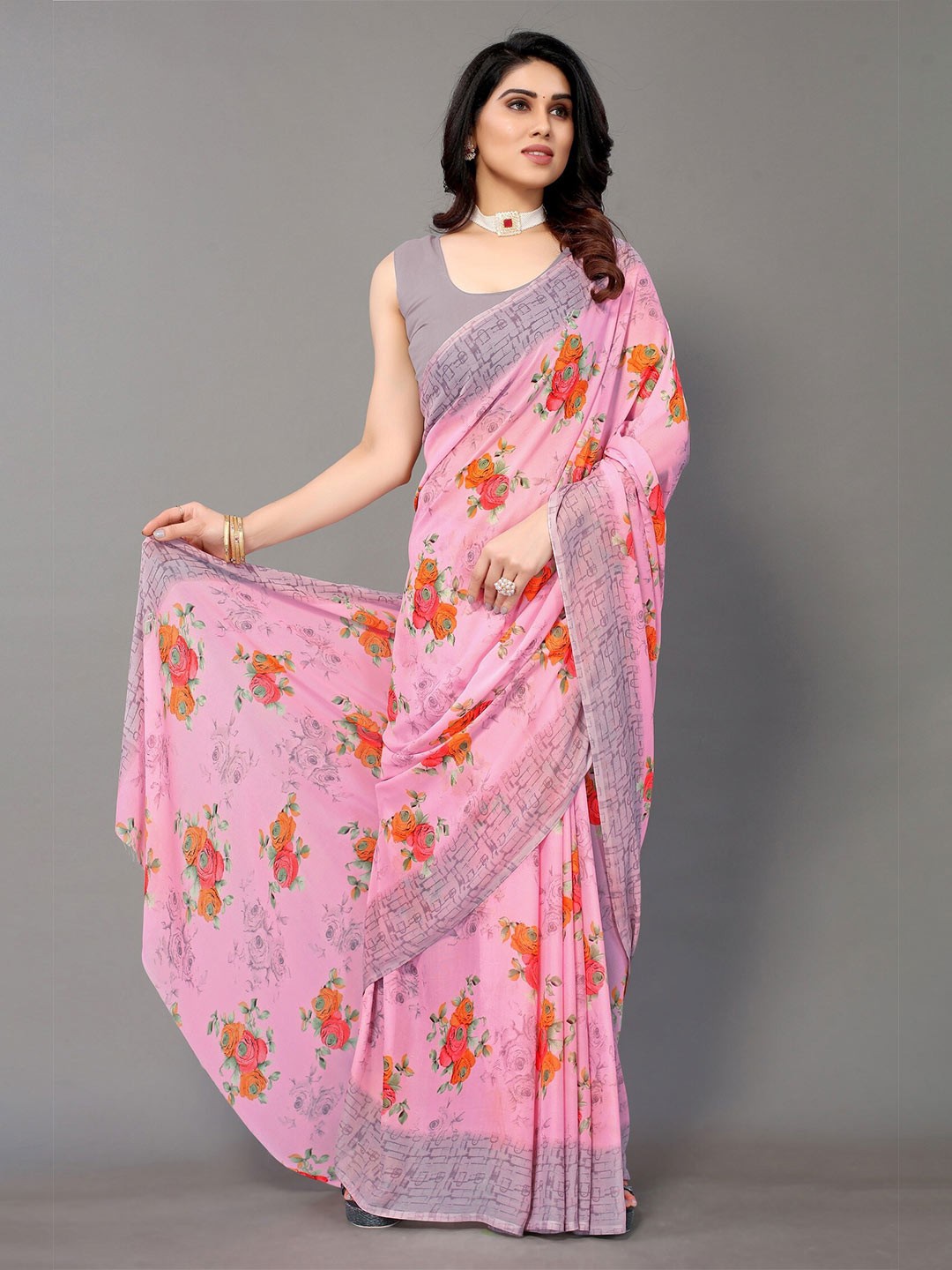 

Yashika Pink & Orange Floral Zari Saree