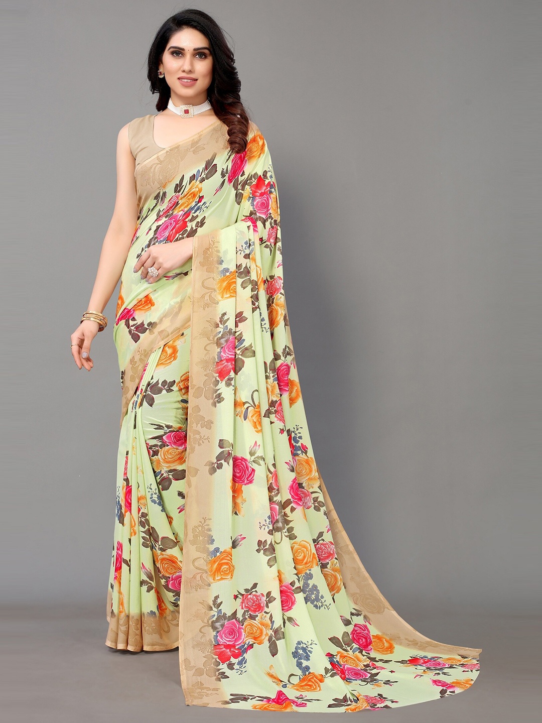 

Yashika Green & Pink Floral Saree