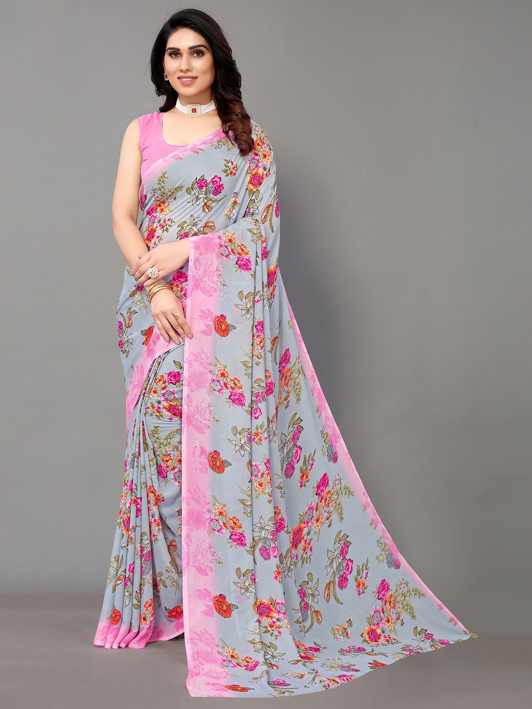 

Yashika Grey & Pink Floral Saree