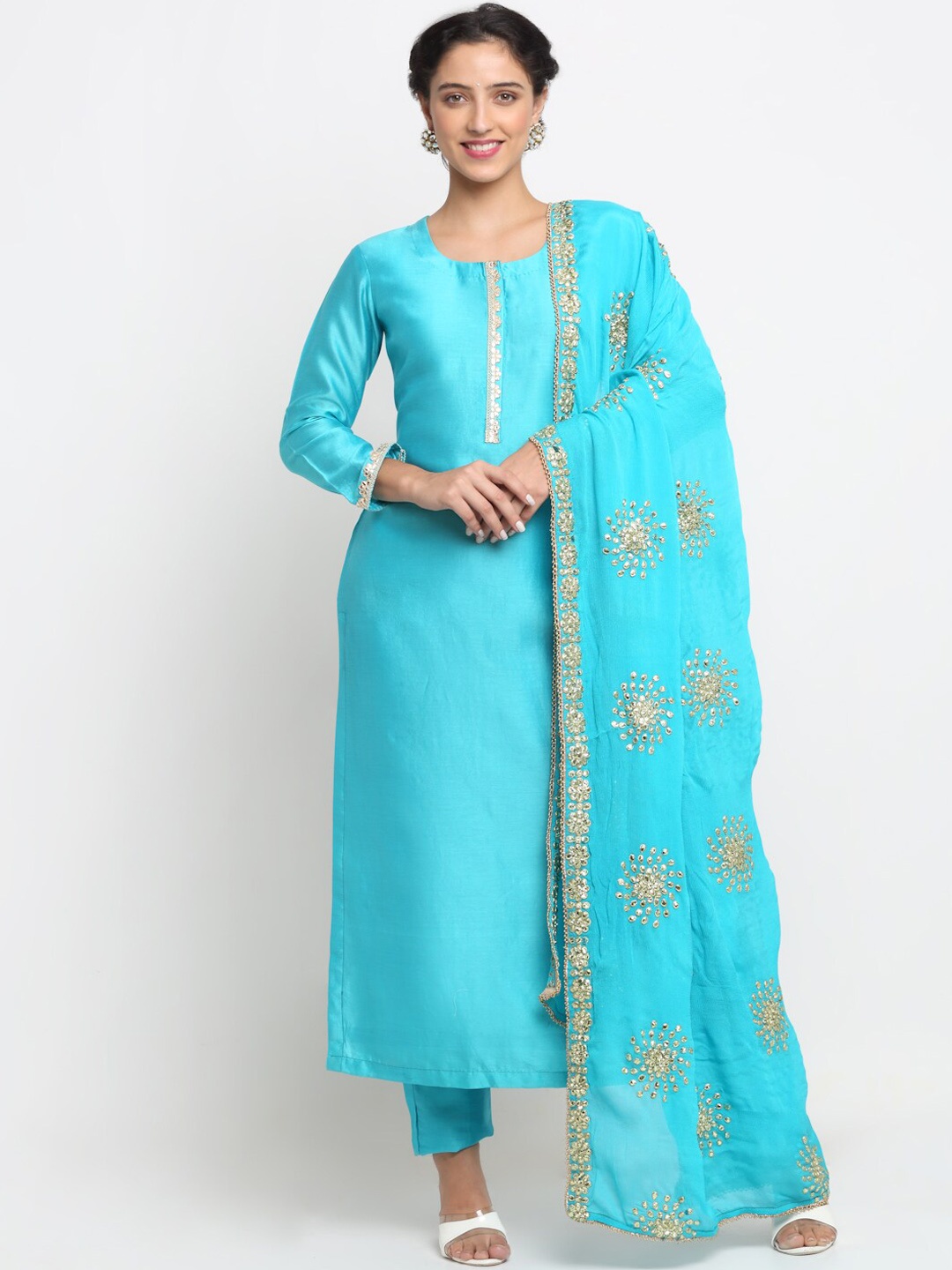 

anokherang Women Blue High Slit Gotta Patti Kurta with Trouser & Dupatta
