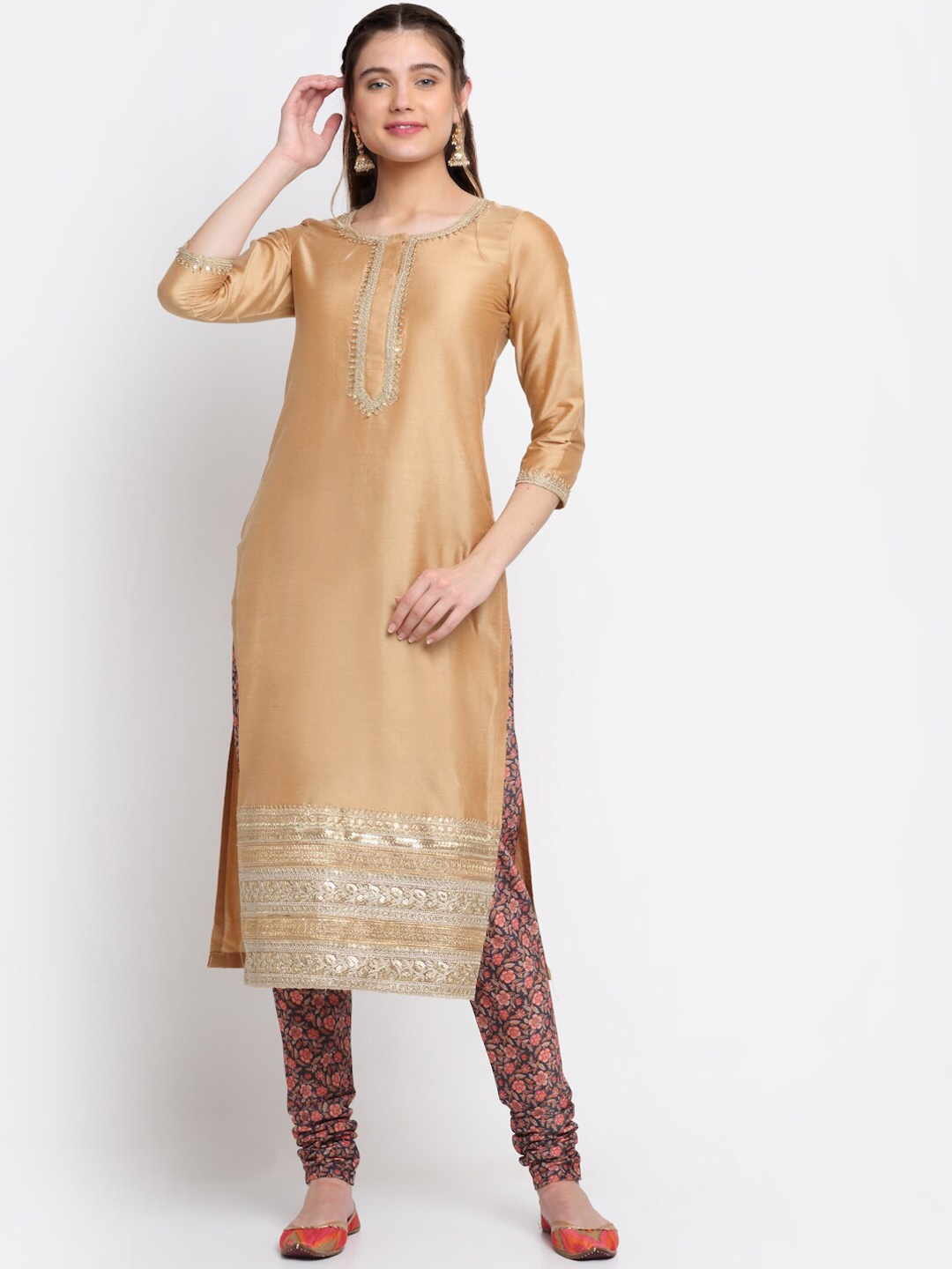 

anokherang Women Gold-Toned Embroidered Kurta with Trousers