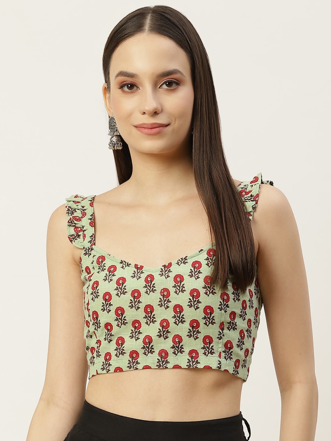 

Molcha Women Green Printed Frill Strap Cotton Saree Blouse